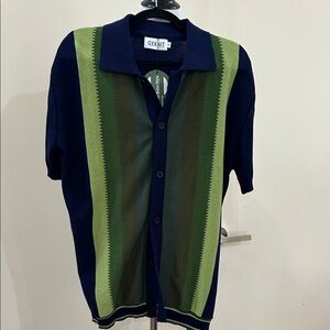 OXKNIT Men's Green and Blue Striped Sweater